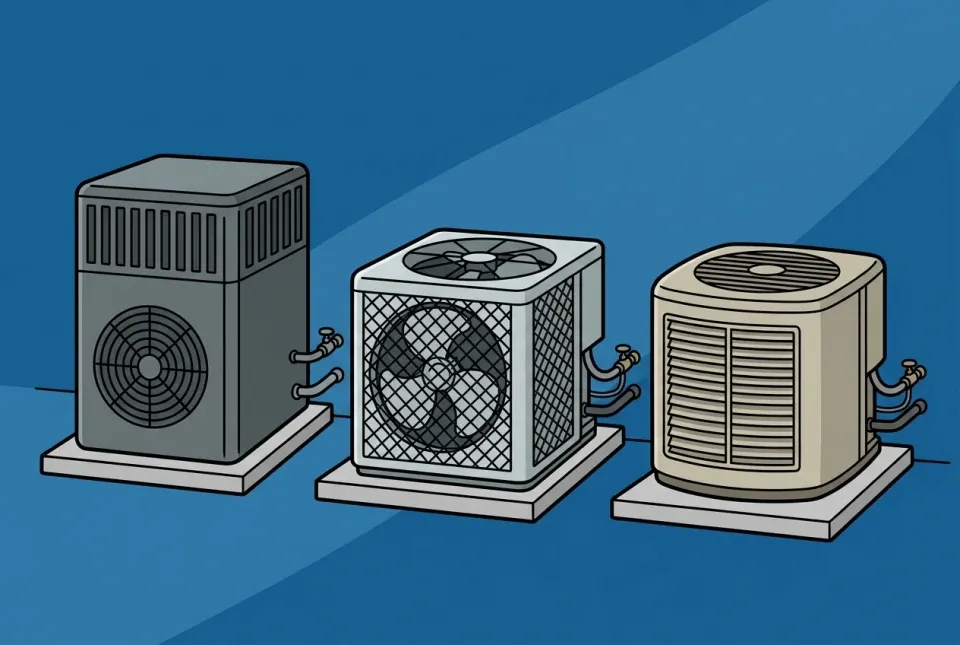 Illustration of three outdoor air conditioner units lined up for comparison
