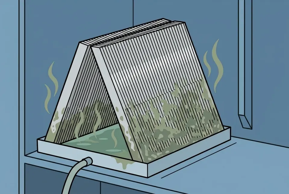 Cutaway illustration of an evaporator coil with biofilm on the fins above its drain pan