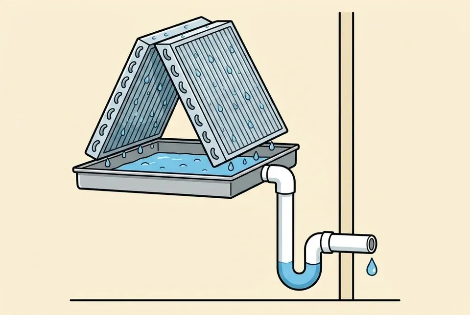 Cutaway illustration of the condensate path from evaporator coil to drain pan, drain line, trap and outdoor outlet