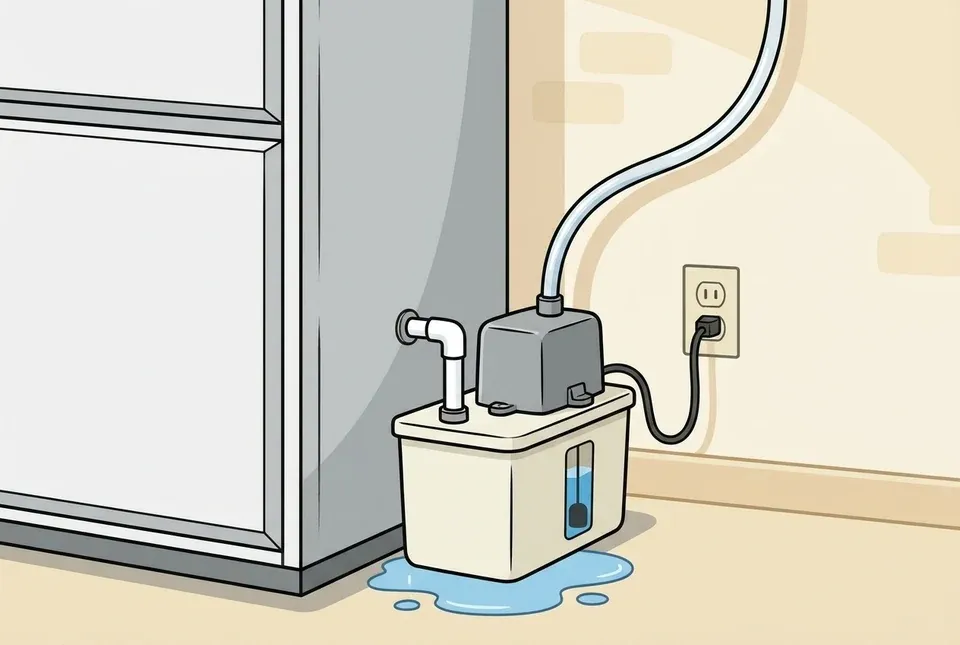 Illustration of a basement condensate pump beside an air handler with its reservoir and discharge tubing