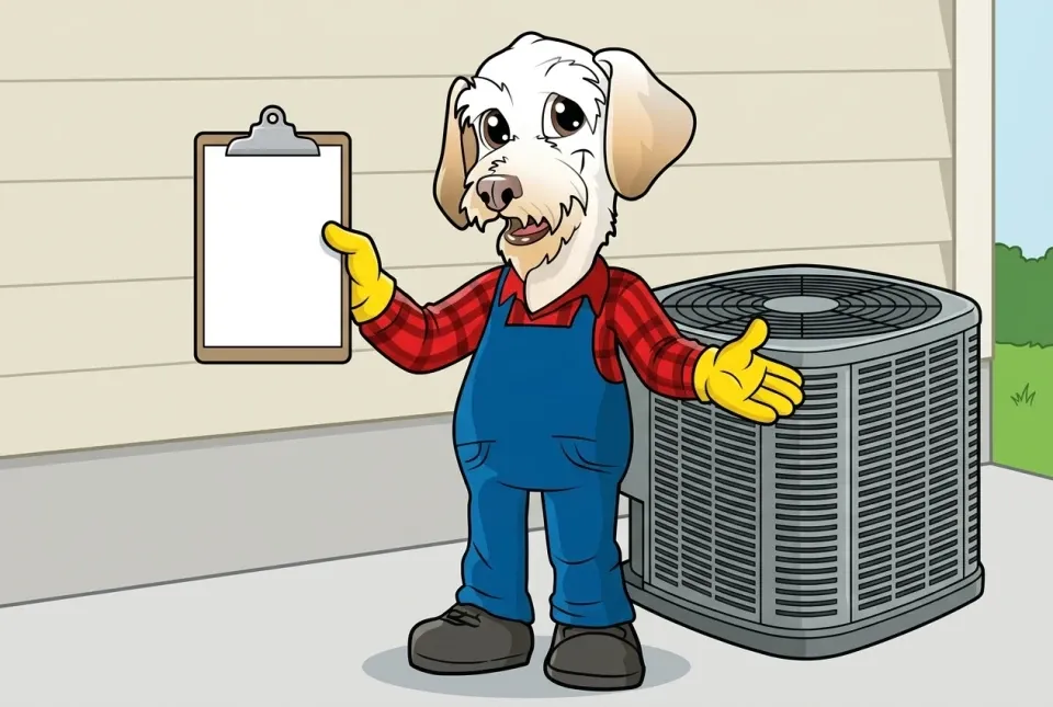 Illustration of Sonny with a clipboard beside a new AC condenser