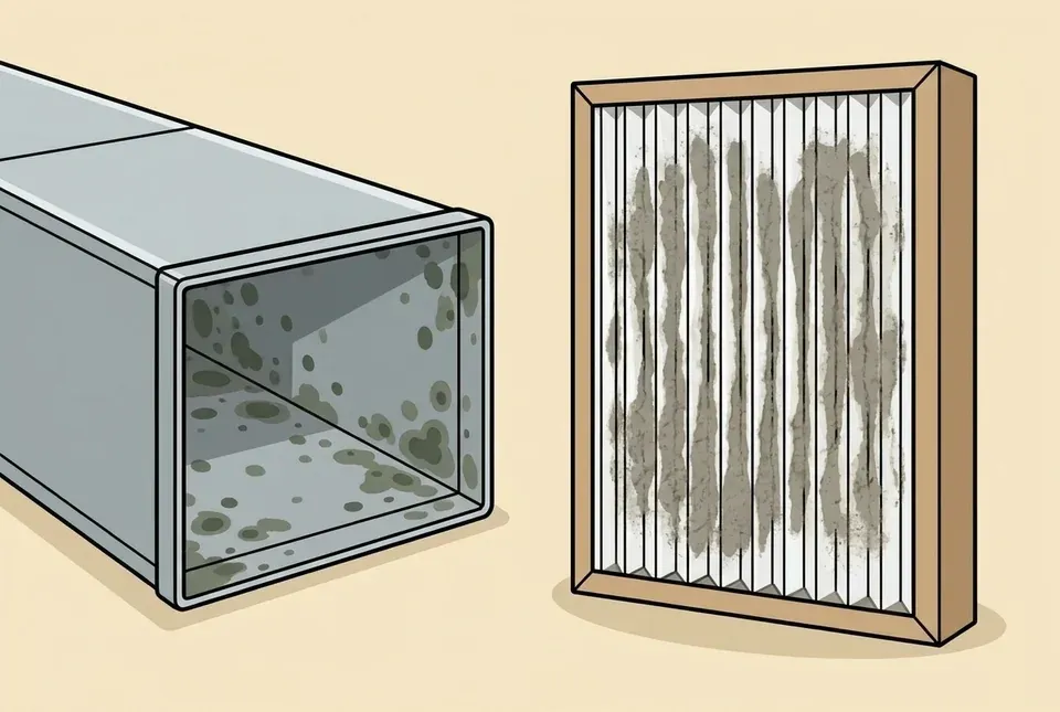 Illustration of a duct section showing mildew spotting beside a heavily loaded air filter