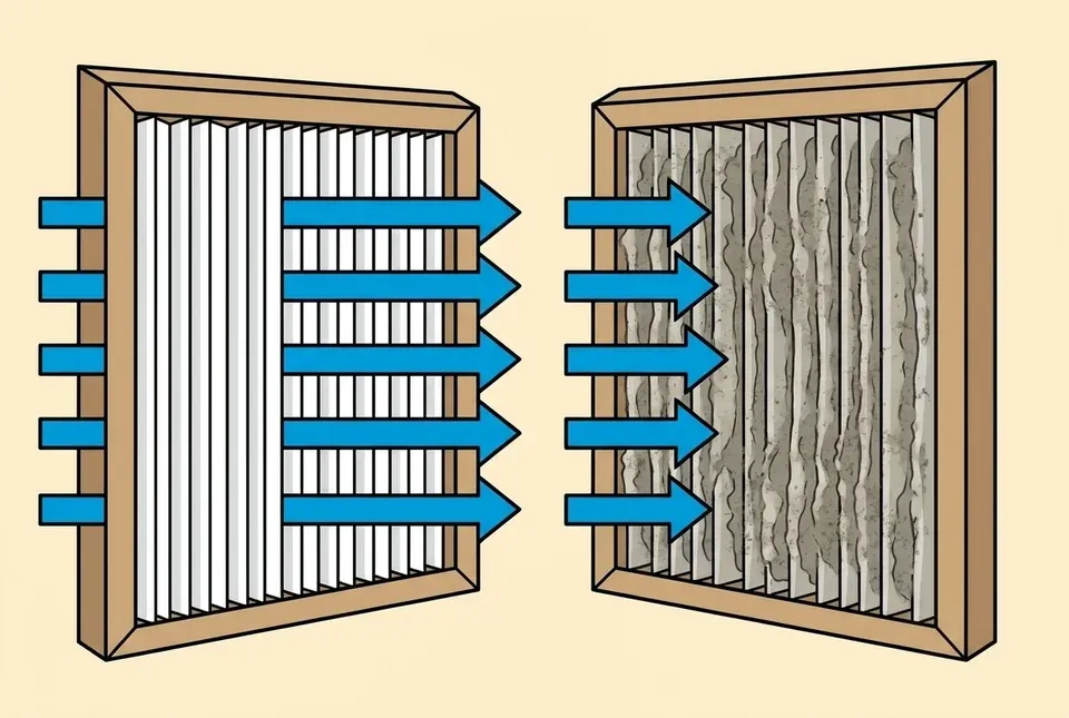 Illustration comparing airflow passing freely through a clean pleated air filter and stopping at the face of a dust-loaded one