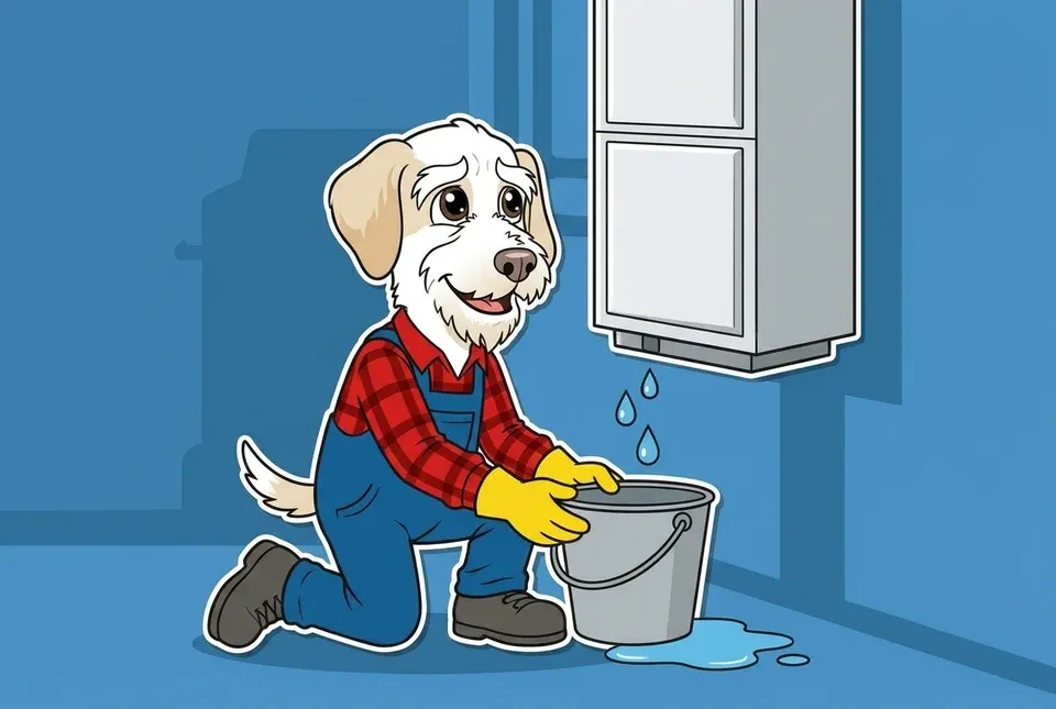 Illustration of Sonny setting a bucket under a dripping indoor air handler