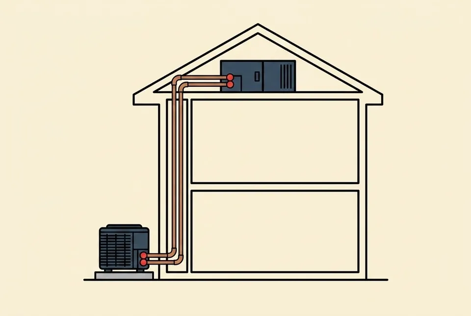 Illustration of an AC line set traced from the outdoor condenser through a wall chase into the attic, with the line's two equipment connections marked