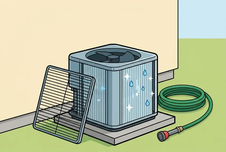 Illustration of an outdoor AC condenser with its top fan grille lifted off to expose the fan, its side coil fins clean and beaded with water, beside a coiled garden hose