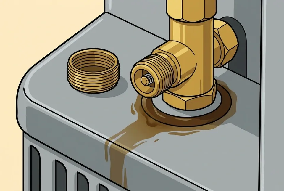 Close-up illustration of an AC service valve with its threaded cap unscrewed and set aside, and oily residue pooling around the service port