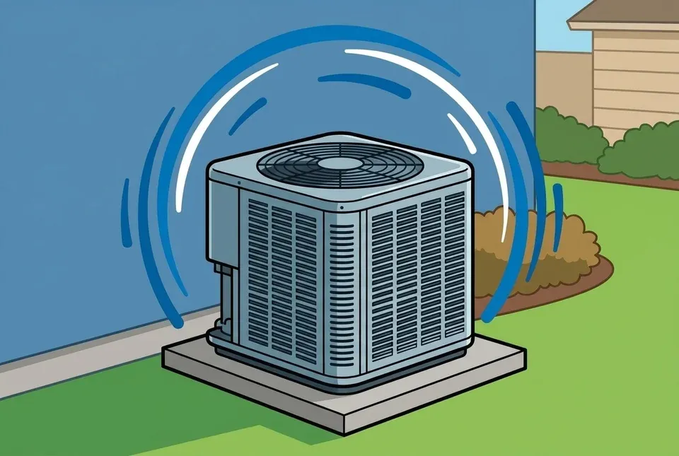 Illustration of an outdoor AC condenser with stylized arcs showing rapid on and off cycling