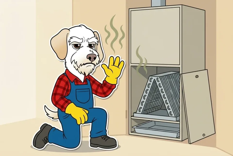 Illustration of Sonny kneeling beside an open air handler cabinet and waving away a musty odor
