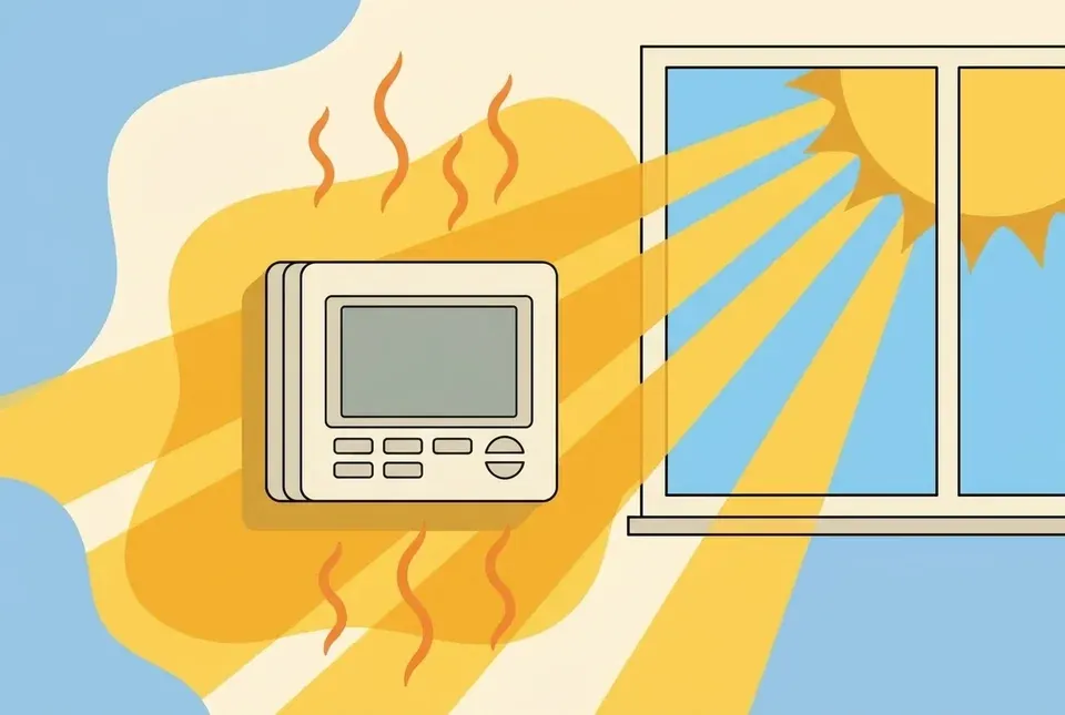 Illustration of a wall thermostat in direct sunlight from a nearby window with stylized heat rays