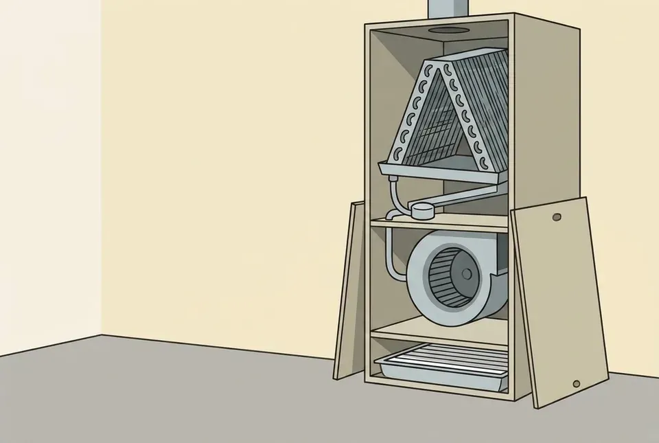 Cutaway illustration of an indoor air handler with its access panels removed, showing the evaporator coil, drain pan, blower wheel and filter