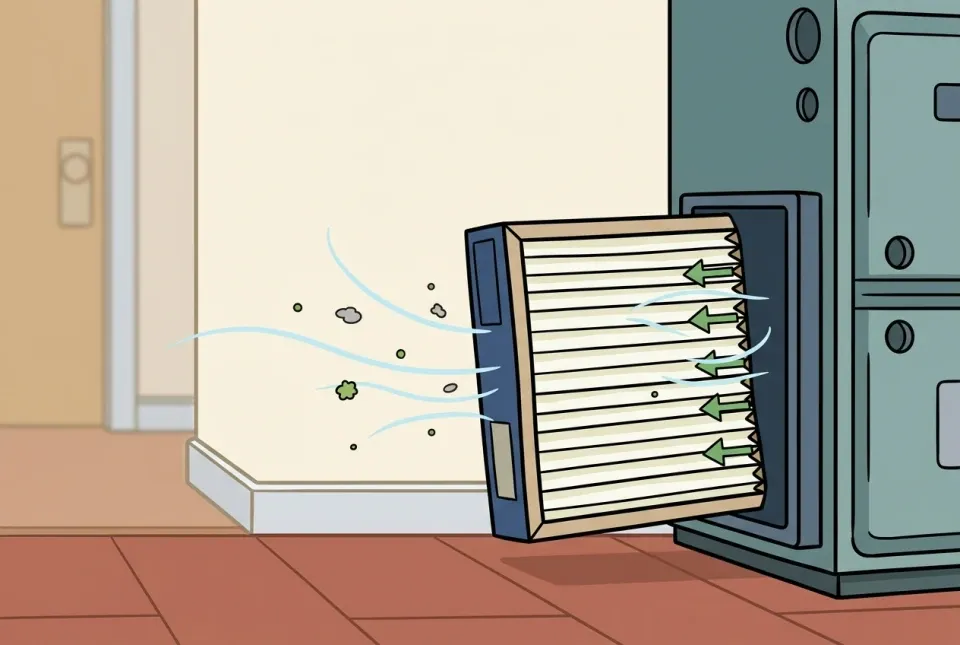 Illustration of a clean pleated air filter catching dust and pollen
