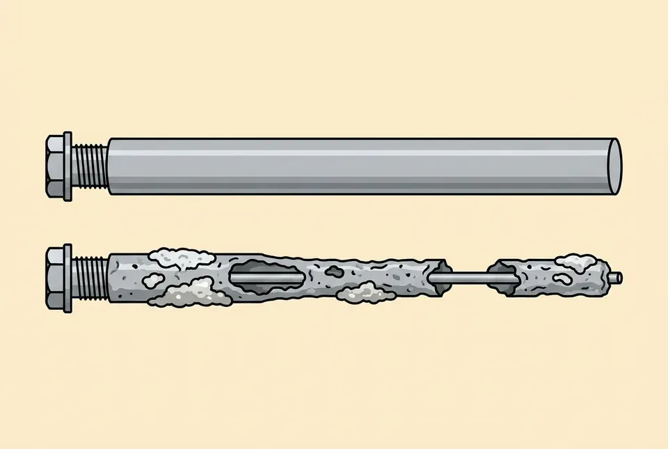 Illustration comparing a new smooth anode rod with a heavily corroded rod worn down to its bare central wire