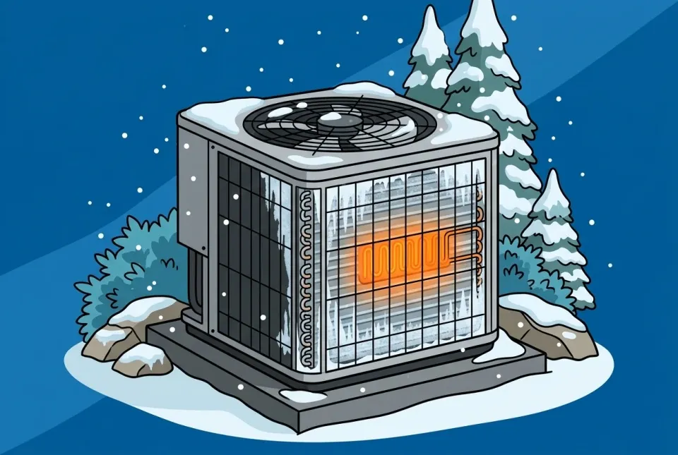 Illustration of a frosted heat pump in snow with backup heat glowing