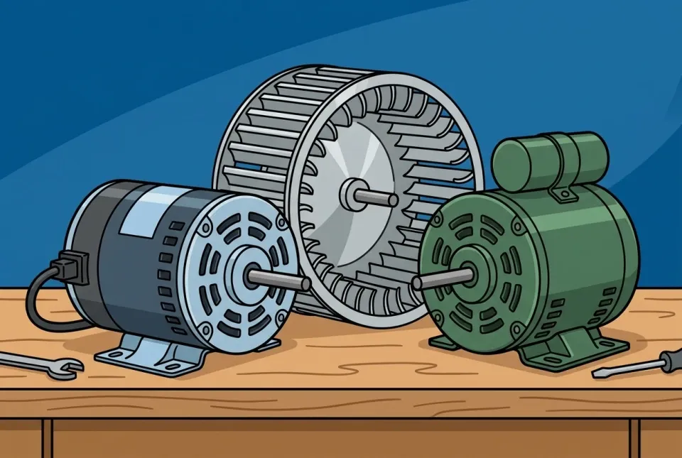 Illustration of an ECM and a PSC blower motor side by side on a bench