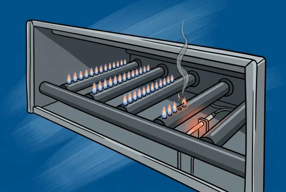 Illustration of furnace burner flames with one flickering out