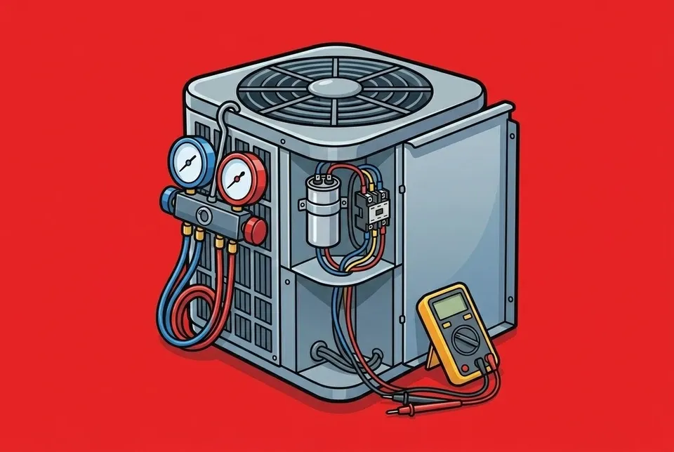 Sonny the Leonard Splaine mascot testing an AC capacitor and wiring with a multimeter
