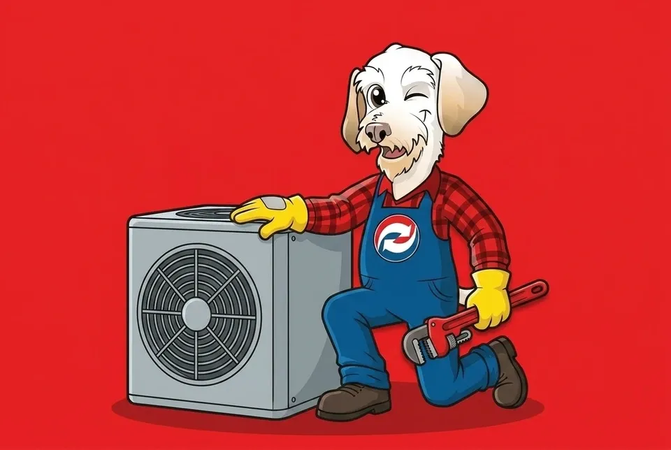 Sonny the Leonard Splaine mascot presenting a newly installed outdoor AC condenser unit