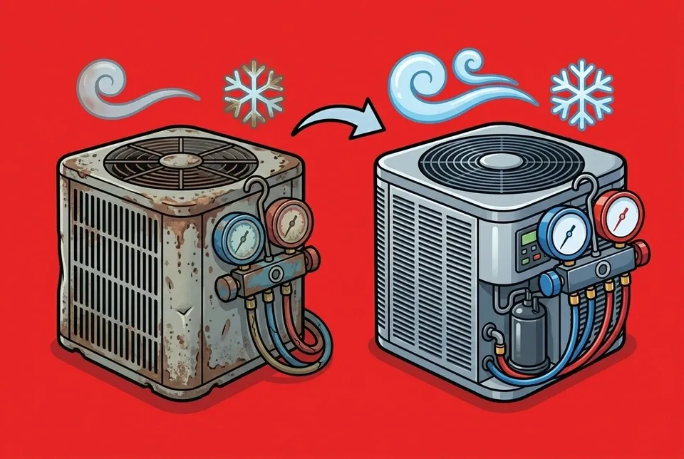 An old worn AC condenser beside a new high-efficiency unit