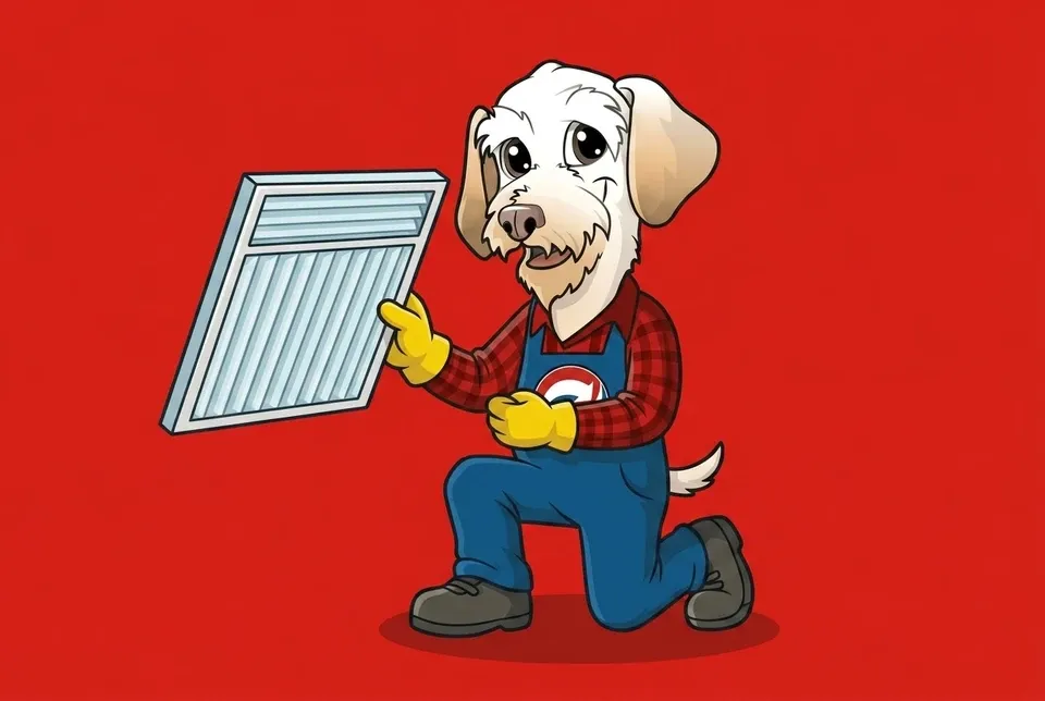 Sonny the Leonard Splaine mascot holding a clean pleated air filter