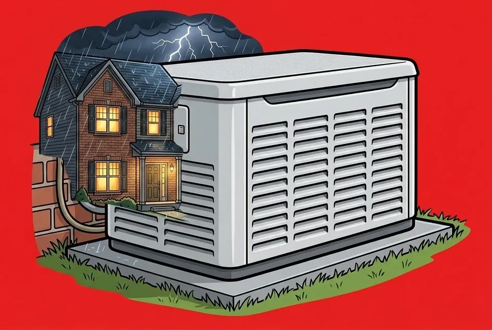 A home lit up during a storm while a generator runs