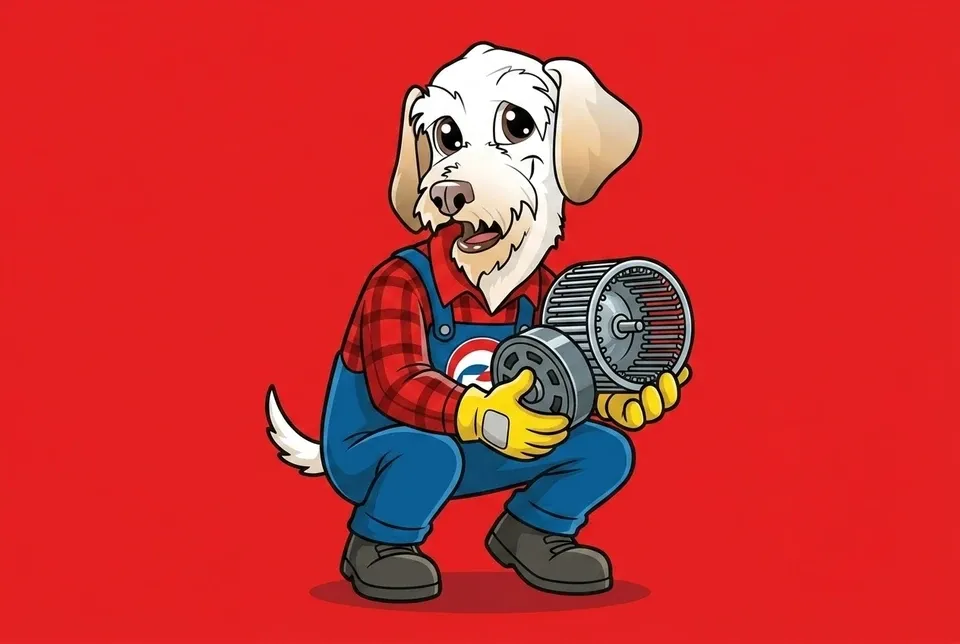 Sonny the Leonard Splaine mascot holding an HVAC blower fan motor