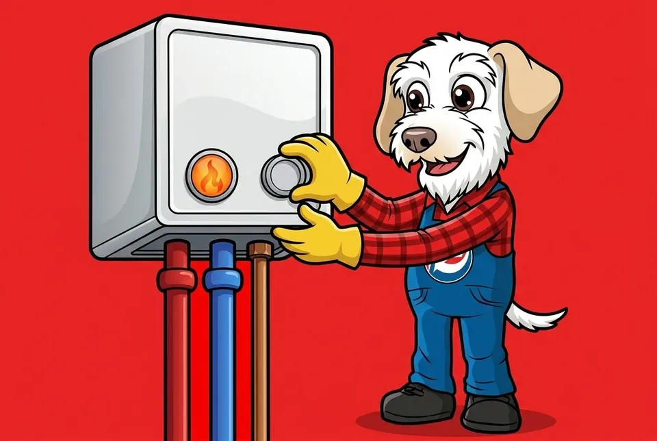 Sonny the Leonard Splaine mascot servicing a wall-mounted boiler