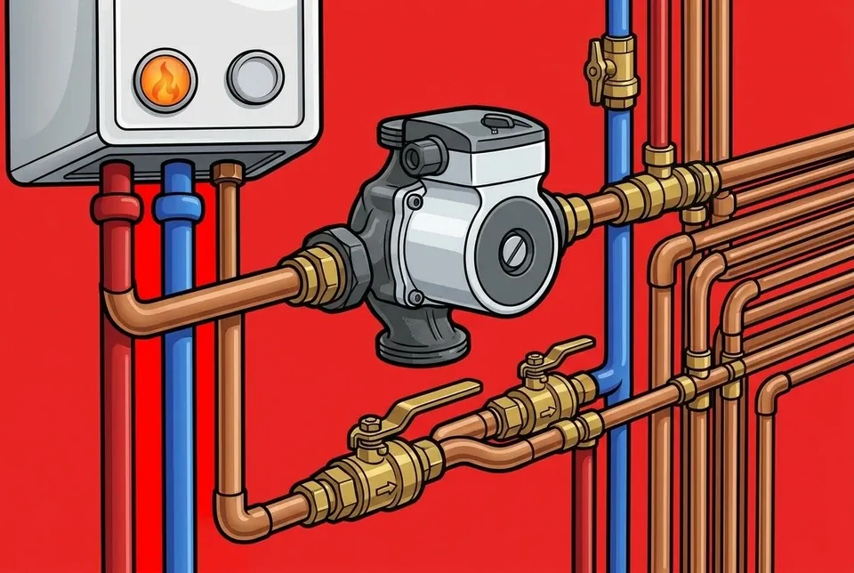 A boiler circulator pump and brass zone valves on copper piping