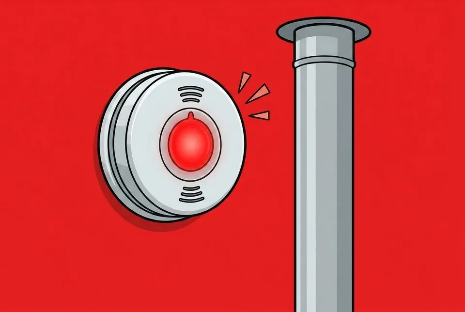 A carbon monoxide detector with a red alert near a furnace flue