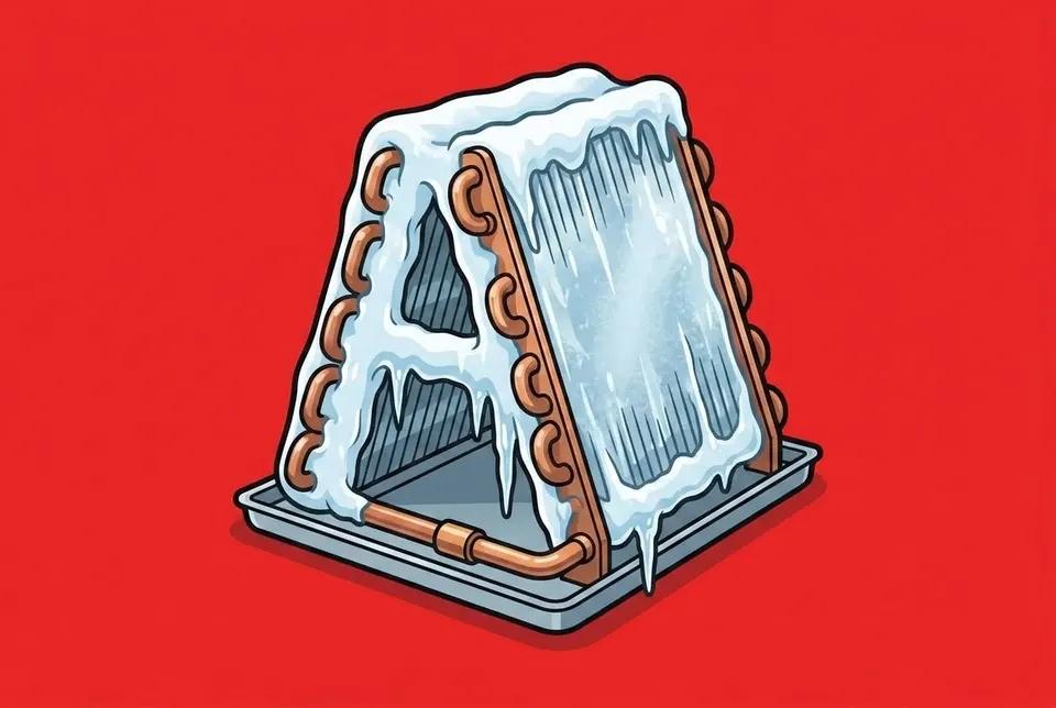 Sonny the Leonard Splaine mascot pointing at a frozen, iced-over AC evaporator coil