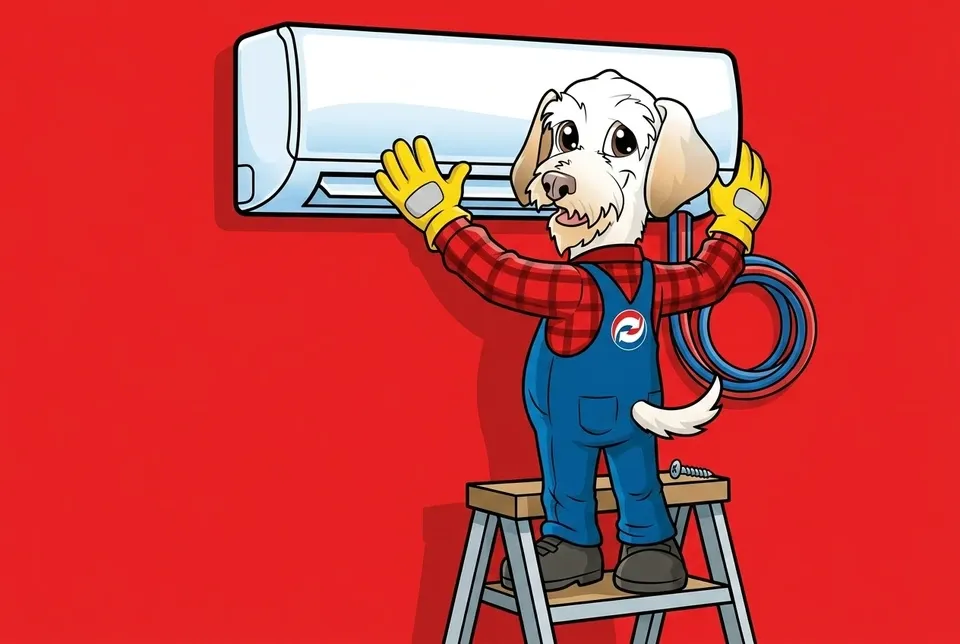 Sonny the Leonard Splaine mascot mounting a wall-mounted ductless mini-split head