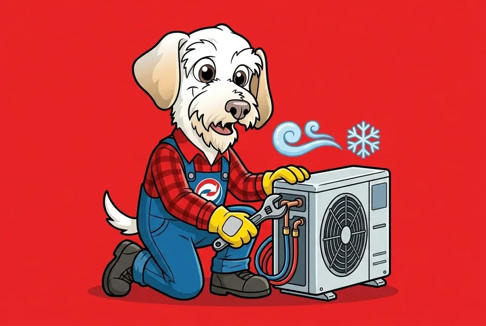 Sonny the Leonard Splaine mascot connecting a ductless outdoor condenser line set