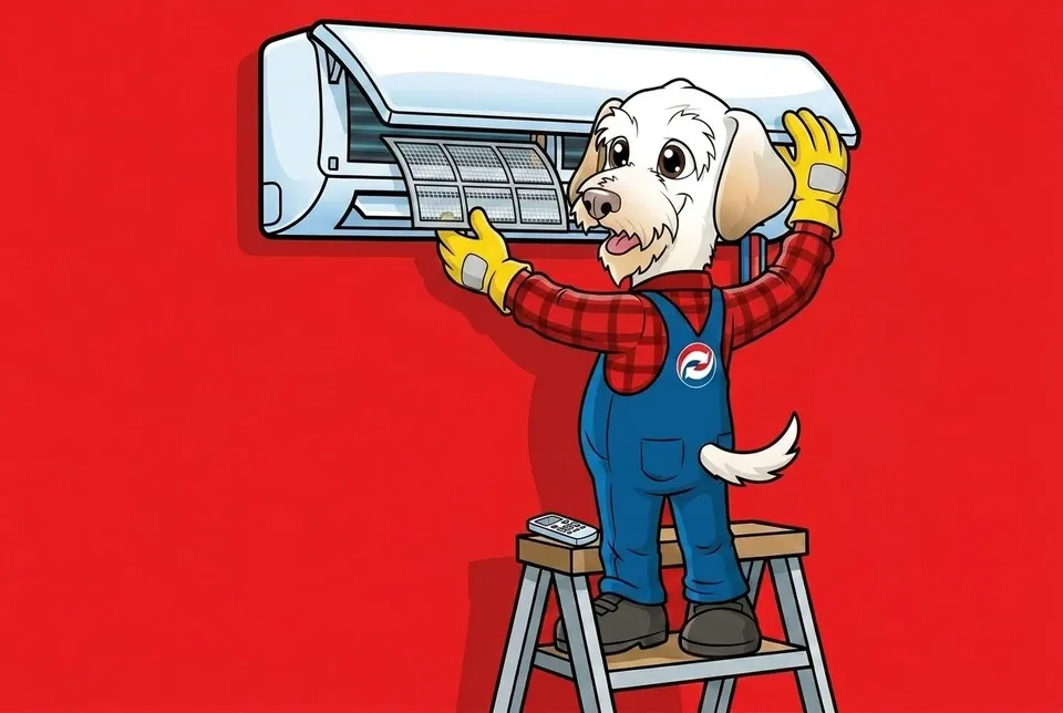 Sonny the Leonard Splaine mascot cleaning a ductless mini-split filter