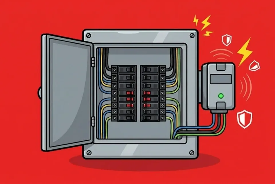 A whole-home surge protector mounted on an electrical panel