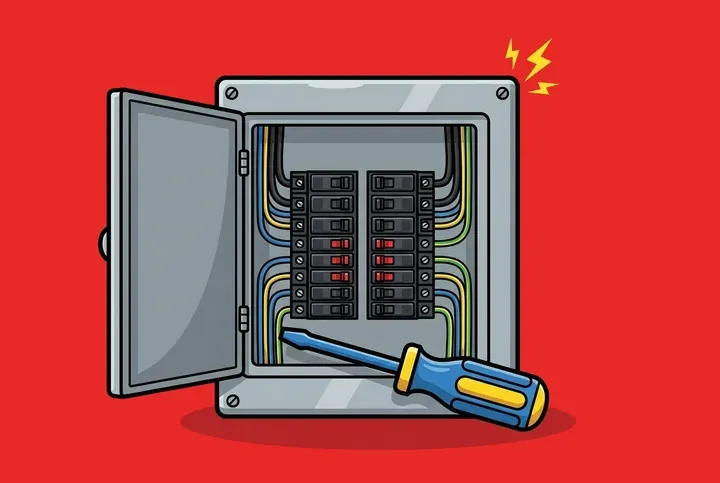 Open electrical breaker panel with a screwdriver