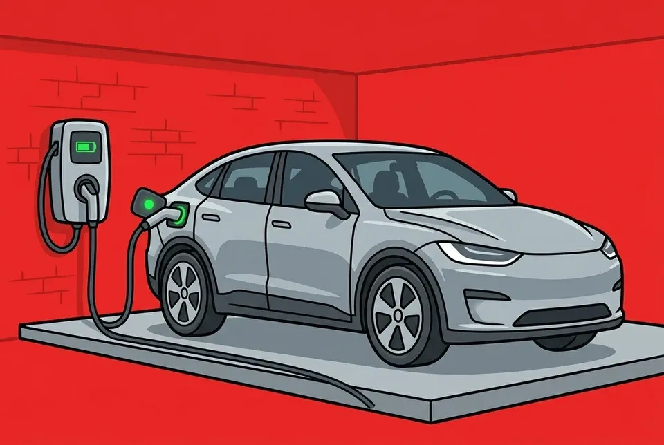 An electric car charging in a home garage