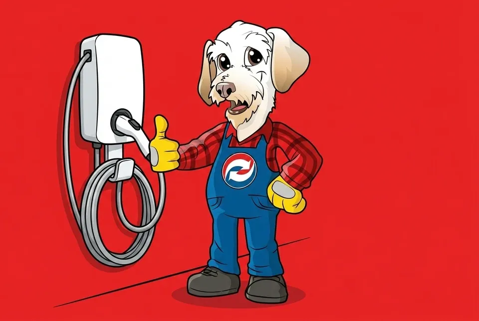 Sonny the Leonard Splaine mascot mounting an EV charger