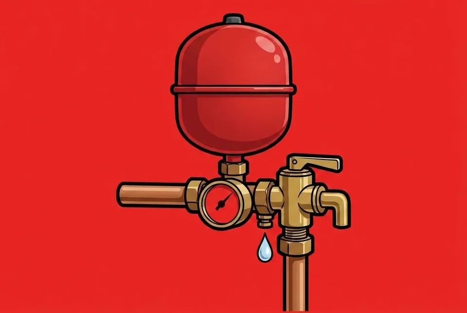 A boiler expansion tank, pressure gauge, and relief valve with a drip
