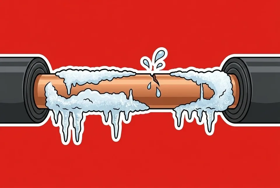A frozen copper pipe covered in ice with a split