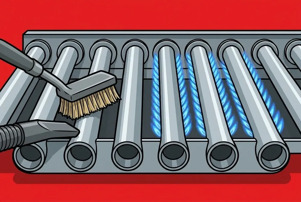 Furnace burners being cleaned with a brush and vacuum