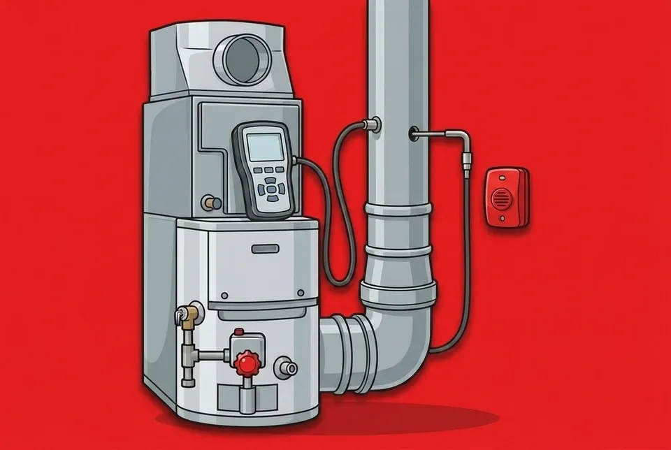 A combustion analyzer testing a furnace flue with a carbon-monoxide detector nearby