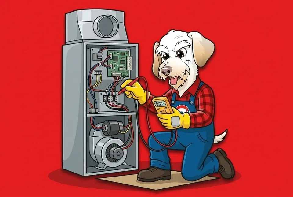 Sonny the Leonard Splaine mascot testing a furnace control board with a multimeter