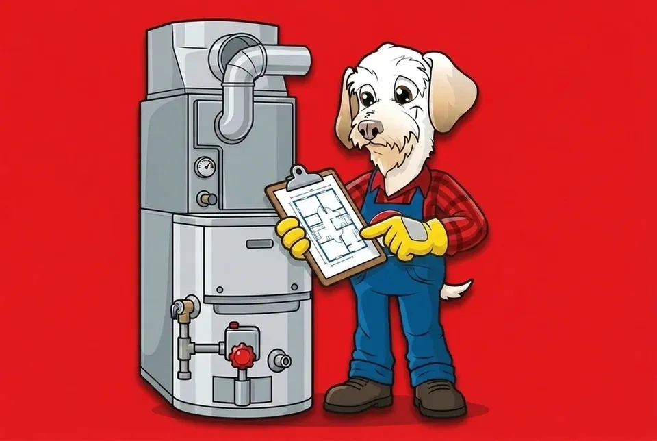 Sonny the Leonard Splaine mascot holding a home floor-plan clipboard beside a furnace