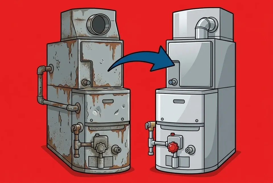 An old worn furnace beside a new high-efficiency furnace