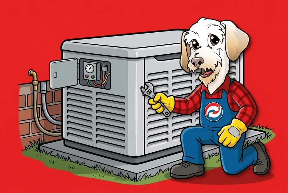 Sonny the Leonard Splaine mascot servicing a standby generator