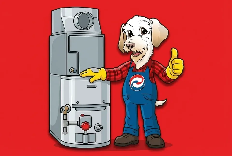 Sonny the Leonard Splaine mascot beside a home furnace
