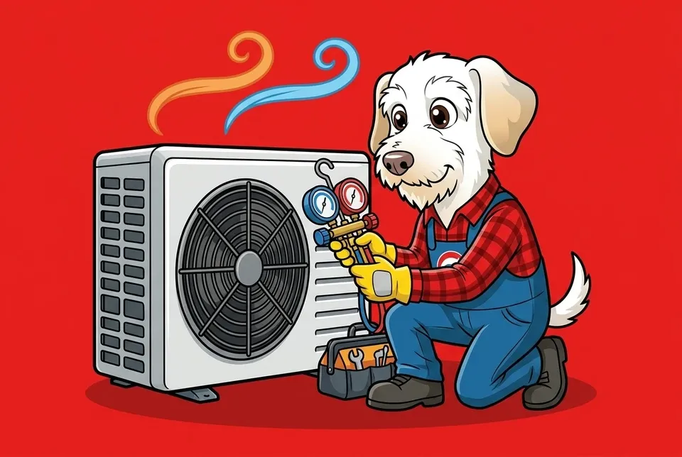 Sonny the Leonard Splaine mascot attaching gauges to a heat pump