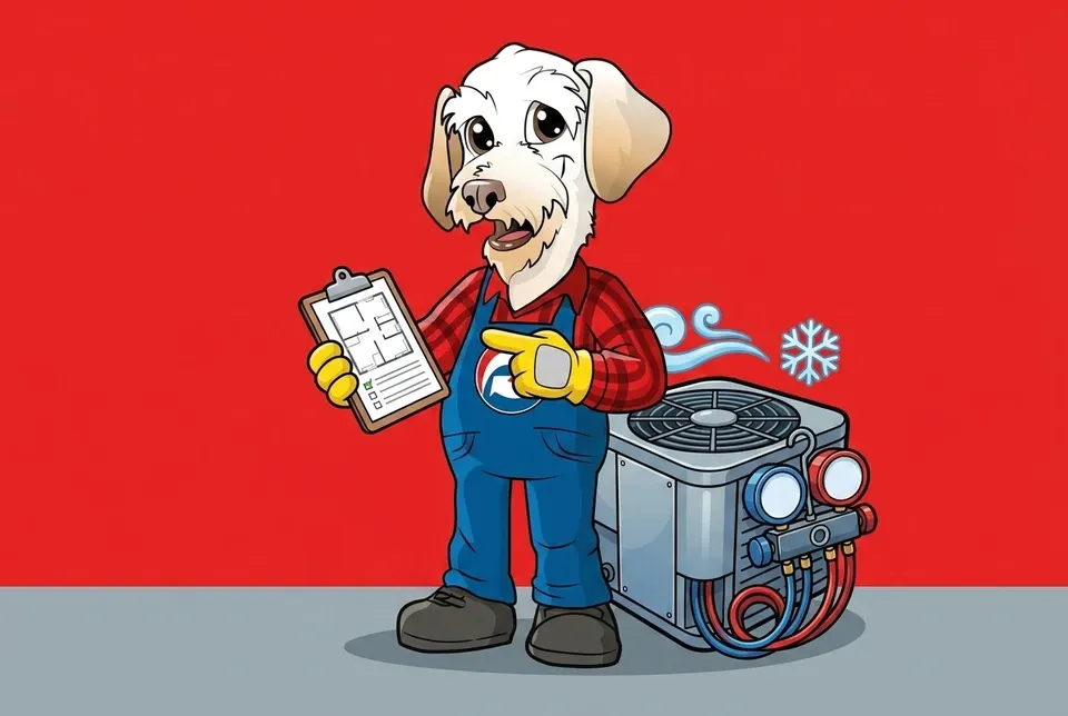 Sonny the Leonard Splaine mascot holding a home floor-plan clipboard beside an AC unit