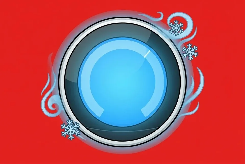 A home thermostat glowing cold blue with snowflakes