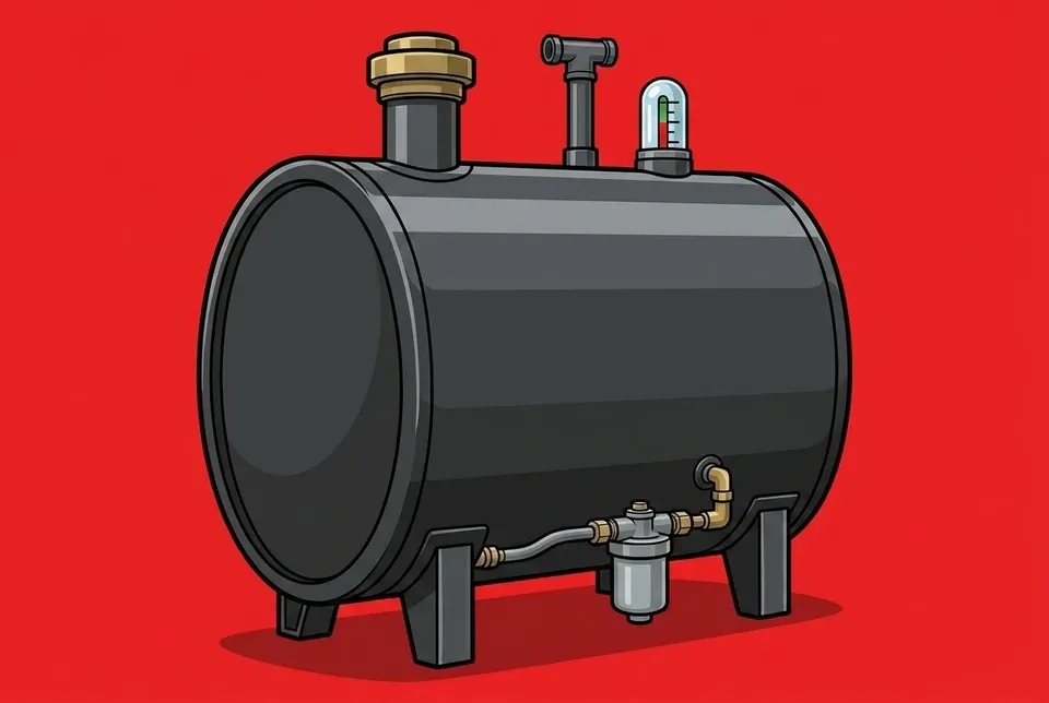 A home heating-oil storage tank with a gauge and supply line
